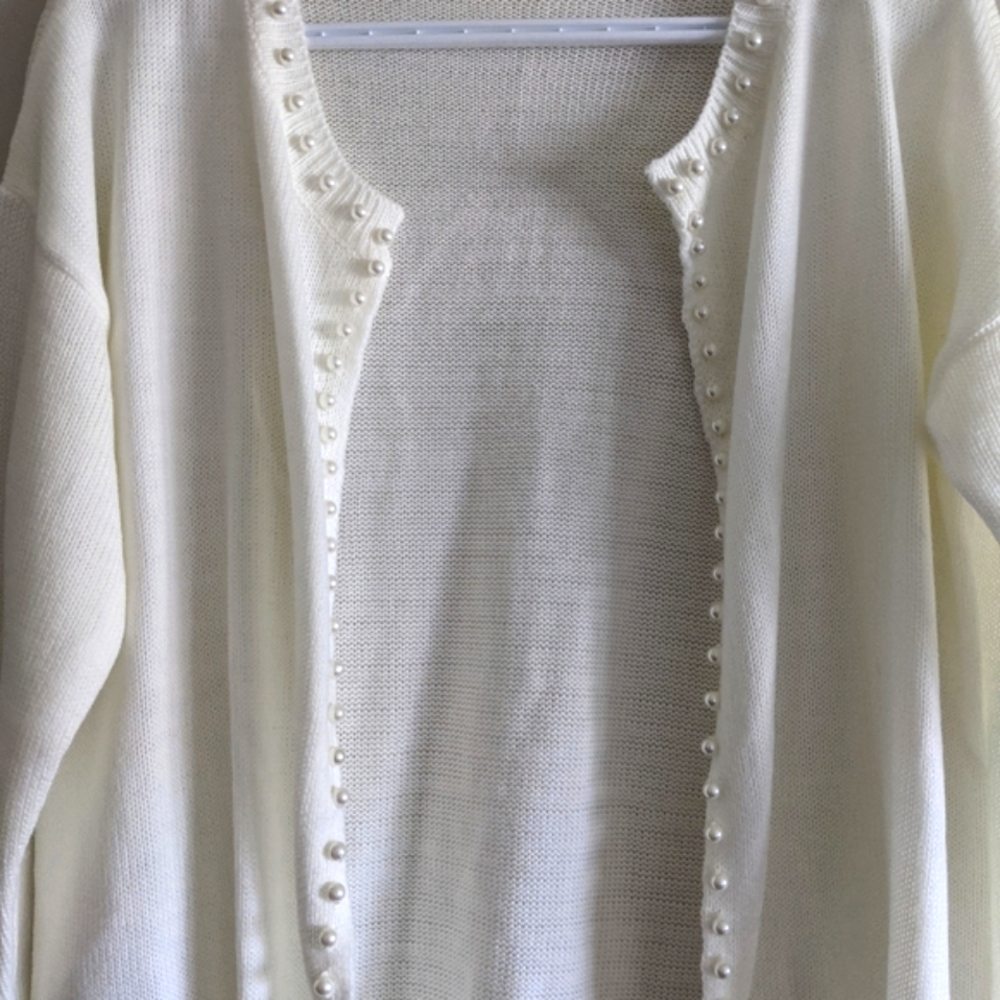 NWT Pearl Beaded Distressed Cardigan, white, small - Picture 7 of 12